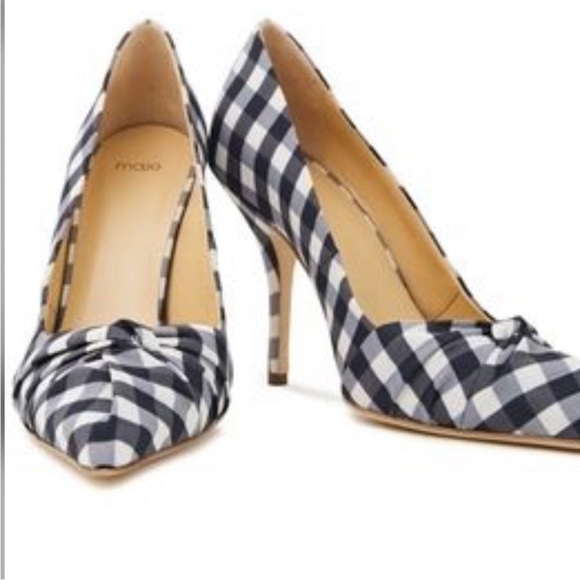 NWOB MAJE Navy Plaid Twisted Heels Pointed Toe Navy Blue White Checkerboard - Picture 1 of 9